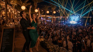 Couple dancing at a luxury Sharm El-Sheikh beach club party with a DJ and laser light show.
