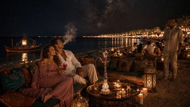 A couple enjoys shisha at a luxury beach lounge, in Hurghada, under the starry Milky Way sky.