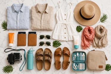 Egypt travel essentials including linen shirts, straw hat, sandals, sunglasses, and camera.