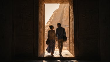 Couple walking through a temple doorway towards the Great Temple of Abu Simbel in Egypt.