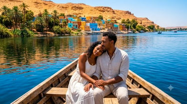 A romantic couple on a wooden boat sailing the Nile River past colorful Nubian houses in Aswan, Egypt.