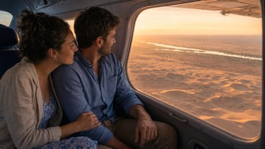 A couple enjoys a scenic private flight over golden desert sand dunes at sunset.