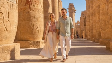 A happy couple walks through the ancient Karnak Temple in Luxor, Egypt, surrounded by hieroglyphic columns.