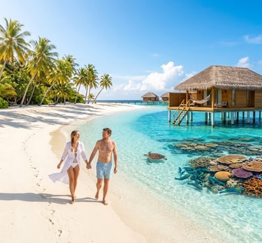 A happy couple walking on a white sand beach in the Maldives near an overwater bungalow and coral reef.