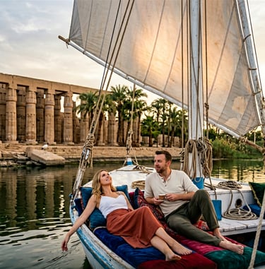 A couple enjoys a sunset felucca boat ride on the Nile River near the ancient Luxor Temple in Egypt.