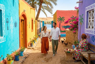 Couple walking through a colorful Nubian village in Aswan, Egypt, with bright painted houses.