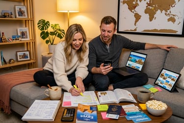 A couple sits on a couch planning an Egypt vacation with a laptop, world map, and travel documents.