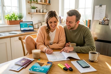 A smiling couple plans an Egypt vacation at a kitchen table with travel books and passports.