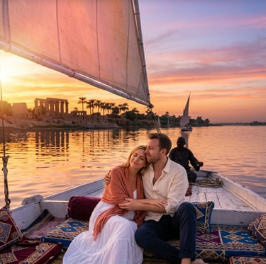 A couple enjoys a romantic sunset felucca boat ride on the Nile River in Egypt near ancient ruins.