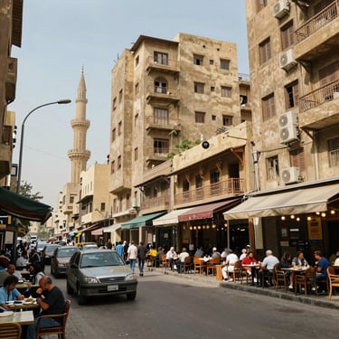 Crowded street in Cairo with outdoor cafes, parked cars, and a traditional mosque minaret in the background.