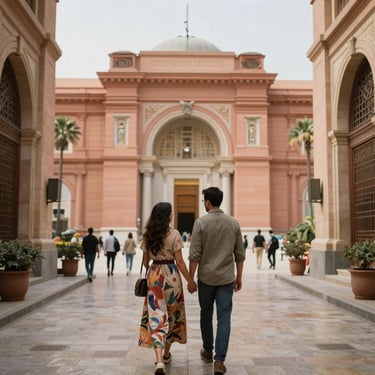A couple holding hands walks toward the historic Egyptian Museum in Cairo, a famous landmark.