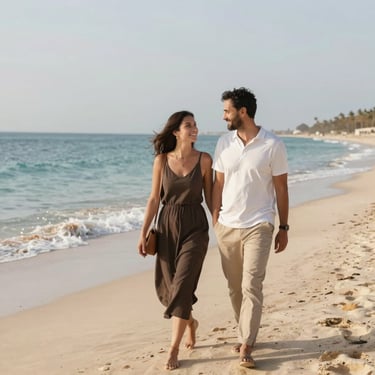 A happy couple walking along a tropical sandy beach in Sahl Hasheesh during a romantic vacation.