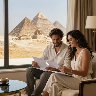 A couple reviews travel documents in a luxury hotel room with a view of the Great Pyramids of Giza.