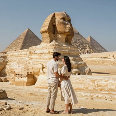 A couple stands before the Great Sphinx of Giza and ancient Egyptian pyramids in the desert.