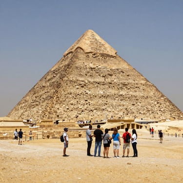 Tourists standing in the desert sand viewing the Great Pyramid of Giza in Egypt.