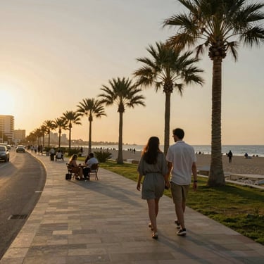 A couple walks along a Sahl Hasheesh promenade lined with palm trees during a golden sunset.