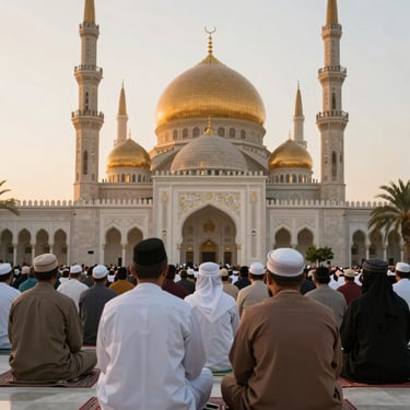 Muslim men praying outside a grand white mosque with golden domes and minarets during Eid.