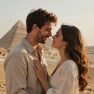 A romantic couple smiling at each other in front of the Great Pyramids of Giza in Egypt.