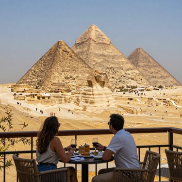 A couple enjoys dinner with a scenic view of the Great Sphinx and Pyramids of Giza in Egypt.