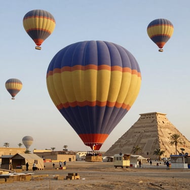 Colorful hot air balloons flying over the Great Pyramid of Giza in Egypt at sunrise.