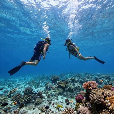 Two scuba divers swimming over a vibrant coral reef with tropical fish in Red Sea.