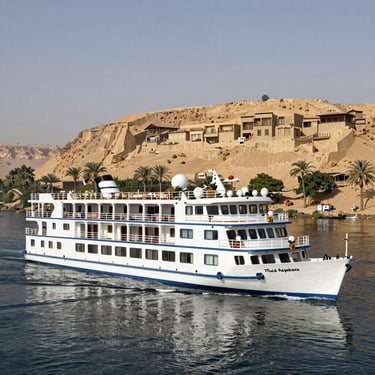 Luxury Nile River cruise ship sailing past desert hills and palm trees in Egypt.