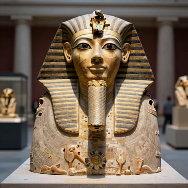 Ancient Egyptian pharaoh bust sculpture with an ornate nemes headdress and beard on display in a museum.