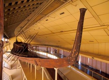 The reconstructed Khufu Solar Ship on display inside the Giza Solar Boat Museum in Egypt.