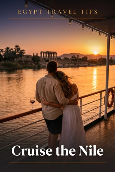 A couple enjoys a romantic sunset during a luxury Nile River cruise in Egypt with ancient temples in view.