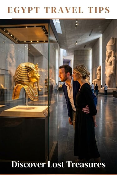 Couple viewing an ancient Egyptian golden mask in a museum, discovering historical treasures in Egypt.
