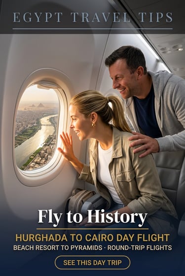 Happy couple looking out plane window at Giza Pyramids on a Hurghada to Cairo day flight.
