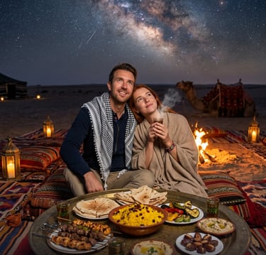 A couple enjoys a traditional Arabic dinner at a desert camp under a starry Milky Way sky.