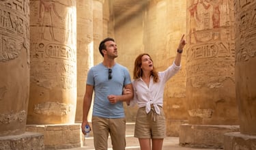 A couple tours the Great Hypostyle Hall at Karnak Temple in Luxor, Egypt, featuring ancient hieroglyphics on stone columns.