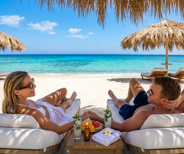 A couple relaxing on beach loungers with tropical cocktails and fruit at a luxury Red Sea resort.