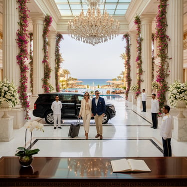 Elegant couple arrives at a luxury Sharm El-Sheikh resort, walking through a grand hotel lobby.