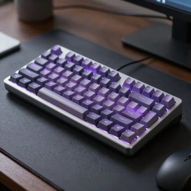 Macro photography of a sleek mechanical keyboard with light purple backlighting on a dark, minimalist desk in a professional Indian office.