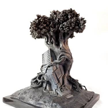 Co-existence, sculpture en marbre noir golzine par le sculpteur Herrel
