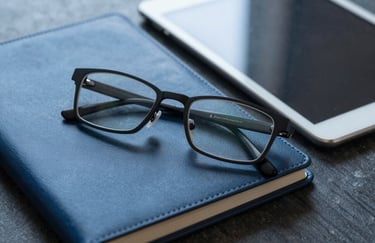A pair of reading glasses resting on a leather-bound notebook next to a digital tablet, symbolizing careful review, North American / US corporate style, Medium Blue and Light Blue colors.