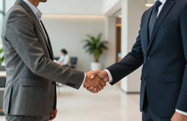 Two business partners in professional attire shaking hands in a modern, light-filled lobby with minimalist decor and plants, Global / Francophone, emphasizing trust and collaboration.