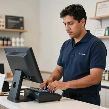 A Latinoamericano shop clerk using a modern point-of-sale terminal to process a transaction in a bright store, professional and trustworthy atmosphere, palette of dark blue and off-white.