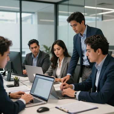 A professional Latinoamericano team collaborating in a modern glass-walled office, using digital tools for business management, atmosphere of trust and technological development.