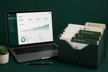Laptop displaying a financial management dashboard next to an organized file folder with business documents.