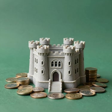 Miniature stone castle model surrounded by gold and silver coins representing wealth protection and financial security.