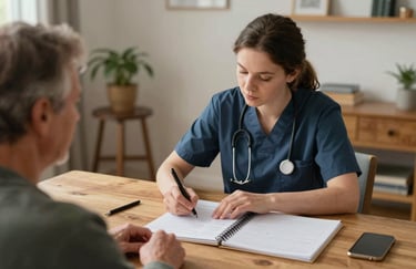 Photography of a professional caregiver sitting at a wooden table in a Northern European / Dutch home, helping a person with their weekly planning. The atmosphere is calm and focused.