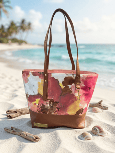 A floral canvas beach tote with leather straps resting on white sand near ocean waves.
