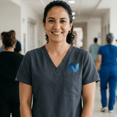 Una enfermera sonriente, vestida con uniforme médico gris, de pie en un luminoso pasillo de hospital