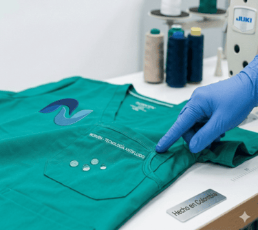 Mano enguantada señalando un uniforme médico verde repelente al agua, con tecnología antifluidos.