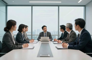A professional team meeting in a North American / US glass-walled conference room, Soft Sky Blue and Cool Mist White tones, sophisticated corporate environment.