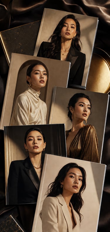 Elegant collage of a high-fashion model posing for a luxury magazine editorial in gold and black silk.