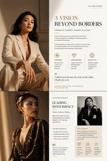 Editorial layout featuring empowered female entrepreneurs with fashion photography and a vision beyond borders.